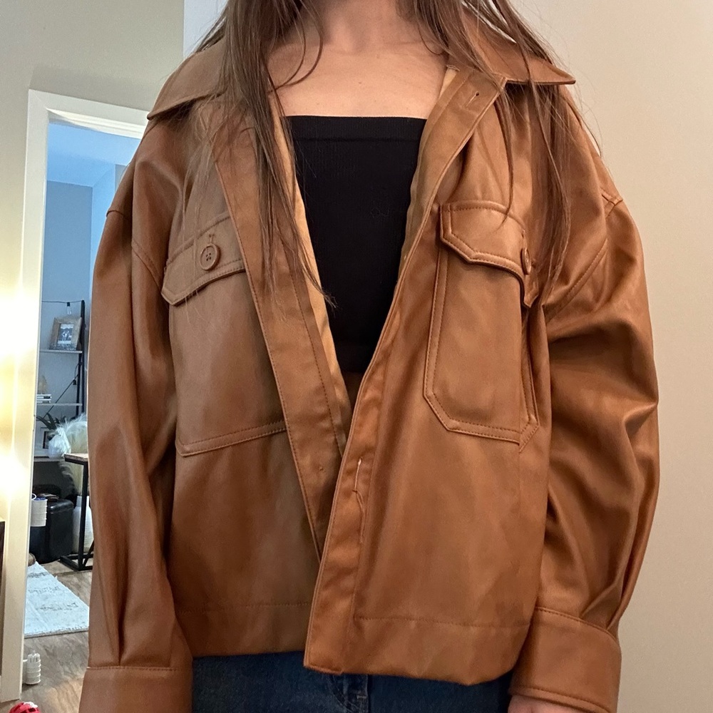 Faux leather brown shacket, size large